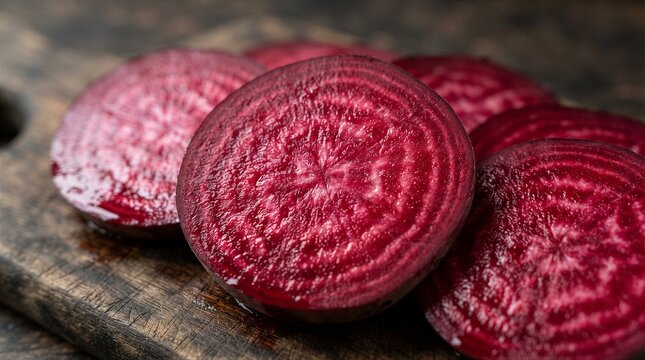 Sliced red beetroot arranged on rustic wooden cutting board