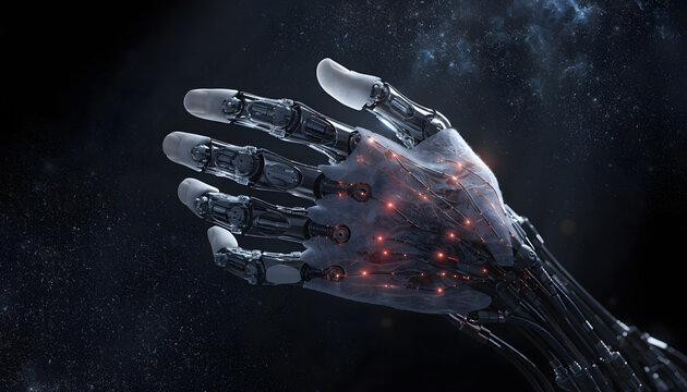 Futuristic bionic arm and mechanical fingers. Advanced robotics and neural interface. Cybernetic hand reaching out in deep starfield