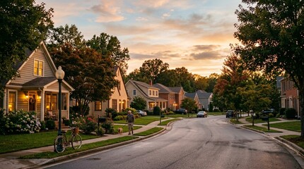 Obraz premium Suburban Street at Dusk: Idyllic Neighborhood with Houses and Trees