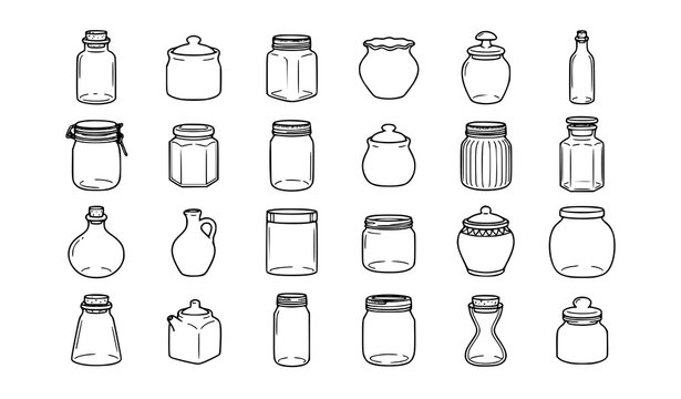 Glass Jar and Bottle Storage Container Icon Set with Kitchen Pot Outline Vector Graphic Designs