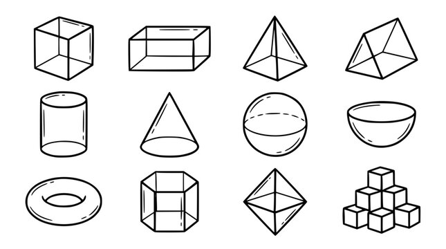 Hand Drawn 3D Geometric Shapes Doodle Outline Vector Collection
