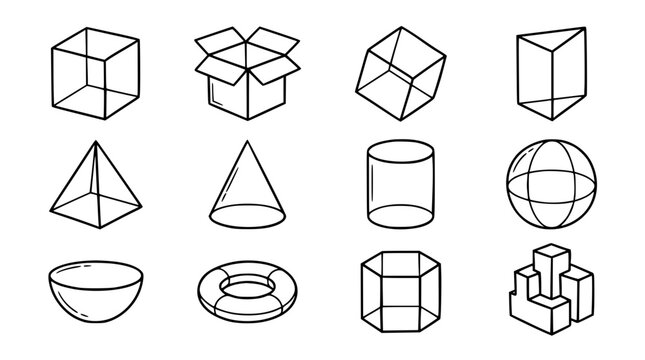 3D Geometric Doodle Objects Hand Drawn Perspective Line Art Vector Set