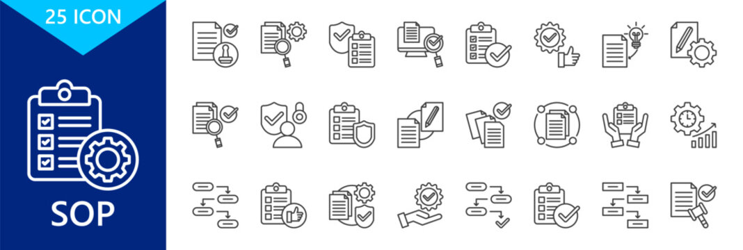 sop icon set collection. icon set contain approval, audit, safety, monitoring, checklist, best practice, implementation, control, validation. vector illustration
