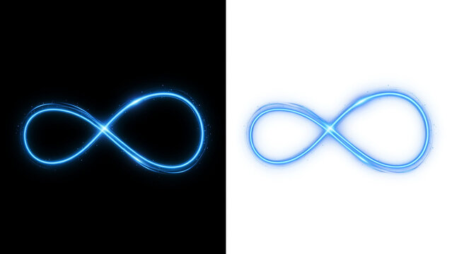Glowing blue infinity loop sign presented on both a black and a white background, side by side