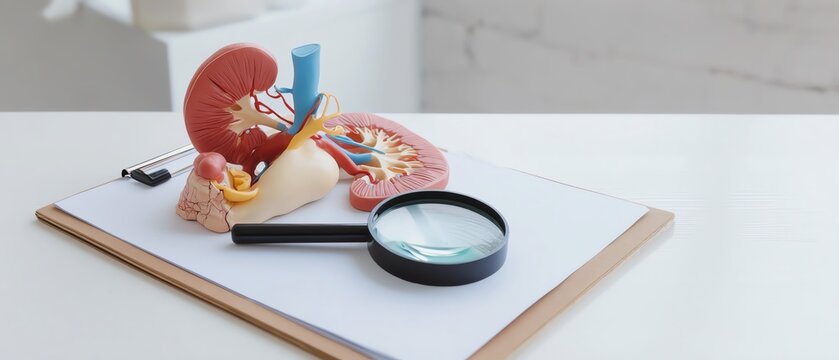 Kidney model with magnifying glass on clipboard.