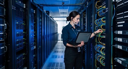 Fototapeta premium Female IT Technician Working in Data Center Server Room