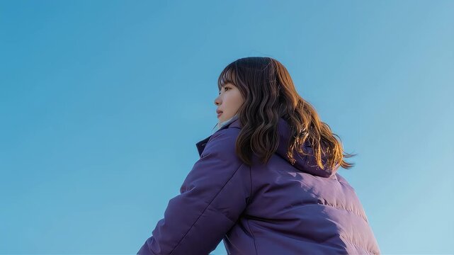 快晴の青空の下でダウンジャケットを着て見上げる女性の横顔