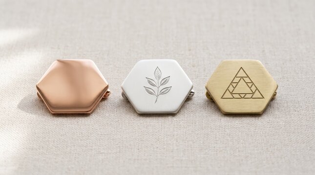Set of three hexagonal metal cufflinks in rose gold, silver, and brass finishes featuring geometric triangle and leaf engravings, elegant men fashion accessories for formal wear
