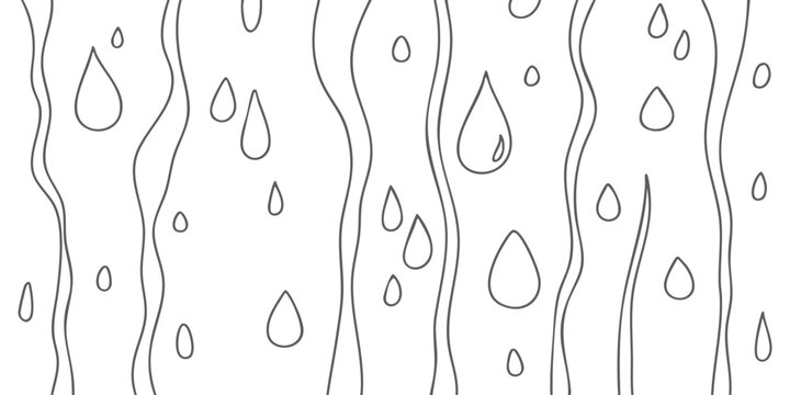 Black and white outline pattern of falling rain drops and vertical wavy lines as a simple hand drawn design