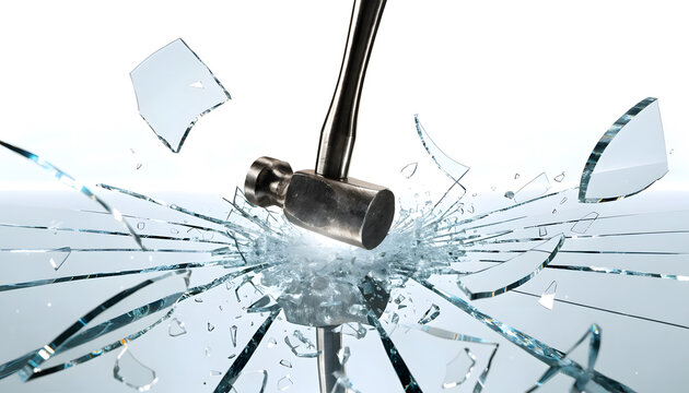 Heavy metal hammer impacting reflective glass surface. Forceful destruction and impact testing. Metal mallet striking mirror pane with flying shards