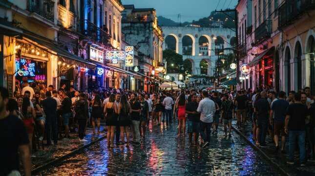 Crowded Nightlife Street in Lapa District of Rio de Janeiro Brazil