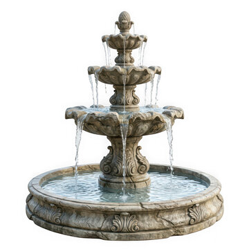 Classic threetier stone garden fountain with flowing water isolated on transparent background