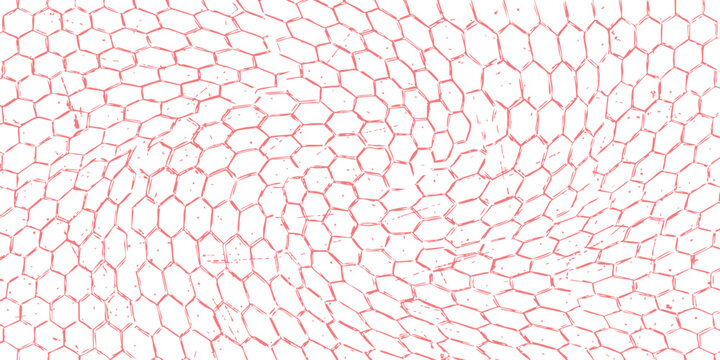 Abstract geometric pattern with distorted hexagonal grid lines and small pink accents on a bright surface