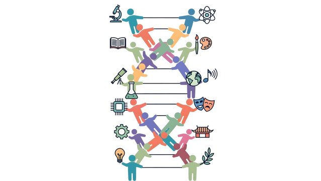 Colorful human figures forming a DNA double helix strand integrated with science art and technology icons vector illustration concept