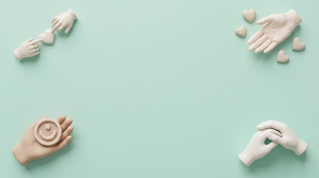 World mental health day creative composition with ceramic hands holding hearts and smiley symbol on mint green background