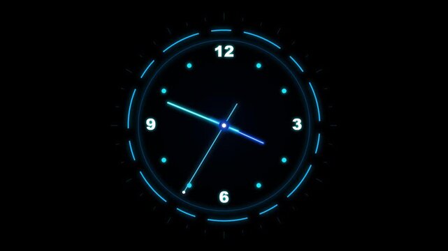 Modern digital clock face showing passing time with blue neon glow on black.