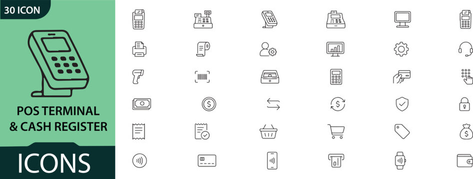 Set of point of sale terminal and cash register line icons for retail and business payment systems
