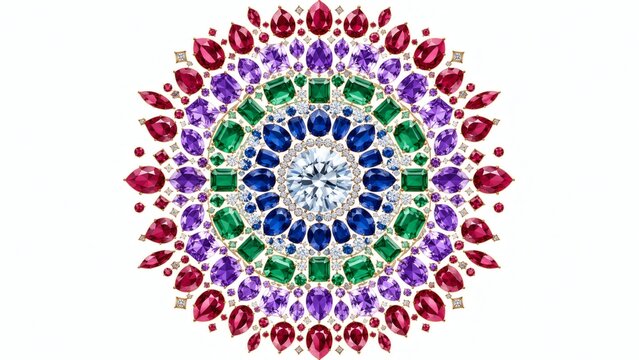 A vibrant circular arrangement of precious gemstones on a white background