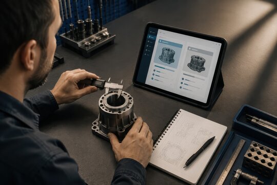 Engineer Verifying AI Mechanical Recommendation with Precision Measurement