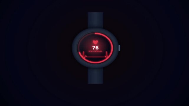 Smartwatch fitness tracker interface showing heart rate monitor with 78 bpm normal pulse reading against a dark background motion graphic loop
