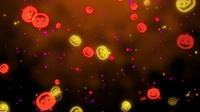オレンジと茶色の空間に輝くジャックオーランタンと光粒子がゆっくり浮かび上がるハロウィンのシームレスループ動画素材/ Halloween background loop with slowly rising glowing Jack-o'-lanterns and particles on orange and dark brown