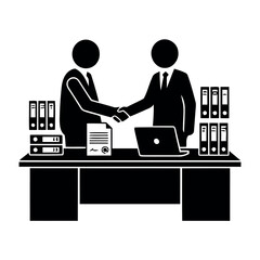 Fototapeta premium black silhouettes of corporate partners shaking hands, signing contracts, exchanging business cards, and closing deals. Pure black figures on white background,