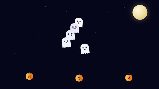 Cute ghost parade floating across the night sky with glowing pumpkins and twinkling stars