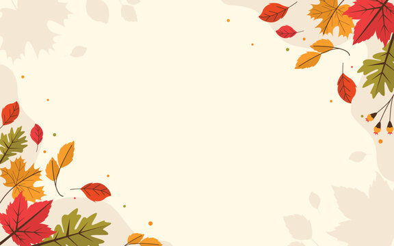 Autumn leaves corner frame vector background with red, orange, green maple foliage, leaves silhouettes, and central copy space for Thanksgiving card.