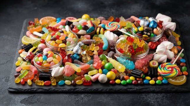 Assorted candies arranged on dark slate serving board