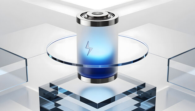 Futuristic energy storage battery cell with glowing lightning icon. Clean power and renewable technology. Cylinder battery levitating on glass platform background