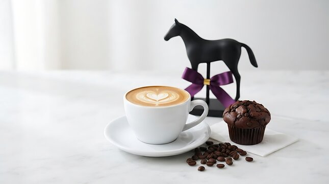 Latte with heart latte art served with a chocolate muffin and a decorative horse figurine on a table