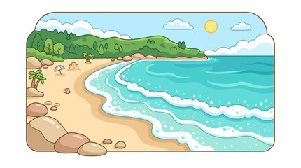 Fototapeta premium Curved sandy bay with waves and green hills