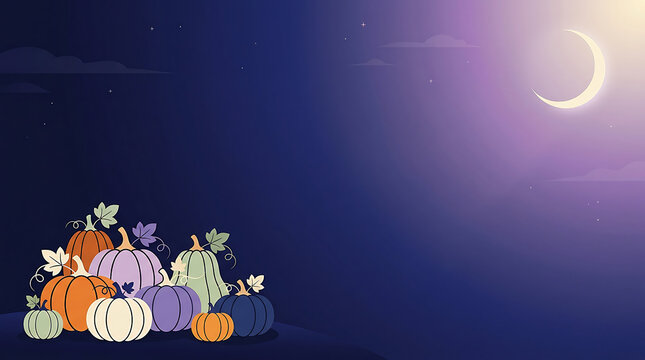 Halloween pumpkin patch background with crescent moon in a dark night sky