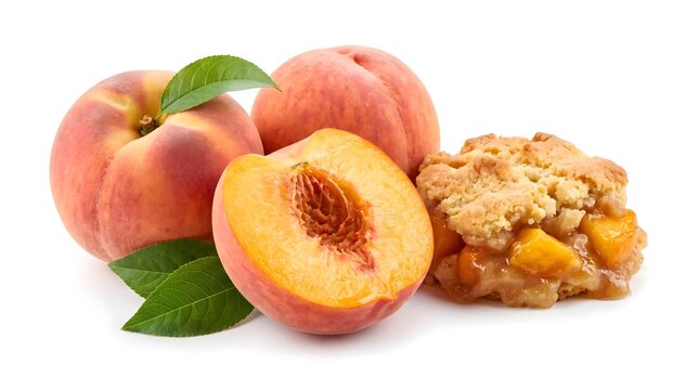 Fresh ripe peaches with green leaves and a delicious peach crumble cookie isolated on a white background