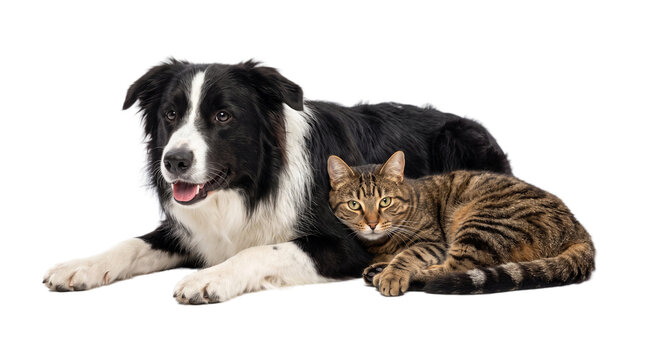 Border Collie dog and tabby cat lying together. Domestic pets friendship on white background. Black and white dog with feline companion.