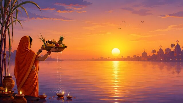 Chhath Puja festival illustration with woman offering arghya fruit basket to sun god at riverbank sunset
