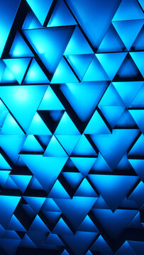 A vibrant, geometric pattern composed of interlocking, glowing blue triangular shapes.