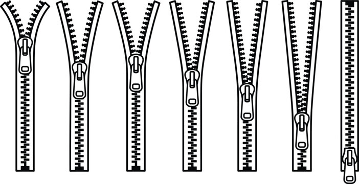 Open and closed zipper line icon set, metal zip fastener collection vector illustration