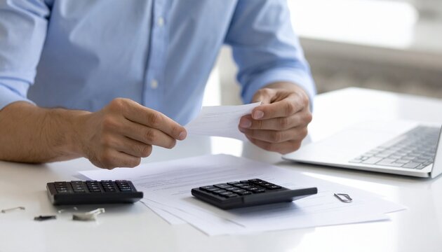 Man hands holding receipt while calculating budget and taxes at office desk