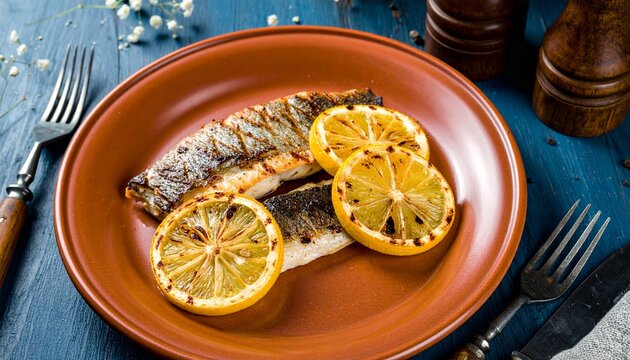 Grilled Sea Bass Fillets Served on a Rustic Clay Plate with Charred Lemon Slices for a Healthy Mediterranean Style Seafood Dinner Presentation