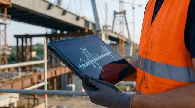 Civil engineer using digital tablet on construction site