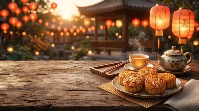 Traditional Chinese mooncakes served with hot tea in a garden with glowing lanterns. perfect for mid autumn festival theme background
