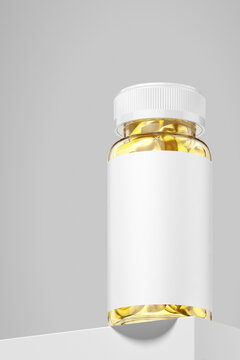 Supplement bottle with blank label on white surface. 3D rendering.