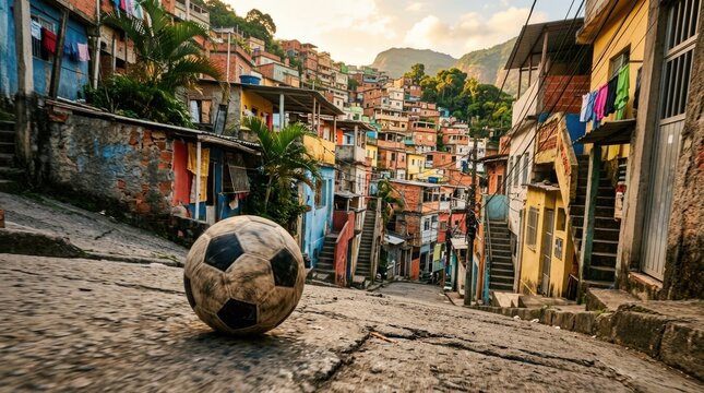 Worn Soccer Ball on Street Overlooking Colorful Brazilian Favela