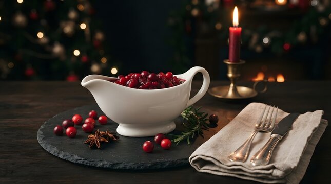Cranberry sauce in a white gravy boat on a slate board with cutlery and a candle in a festive setting