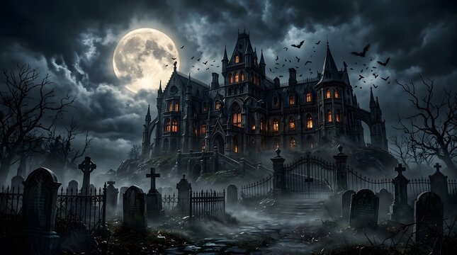 Spooky Haunted Mansion on a Hill with Graveyard and Full Moon at Night