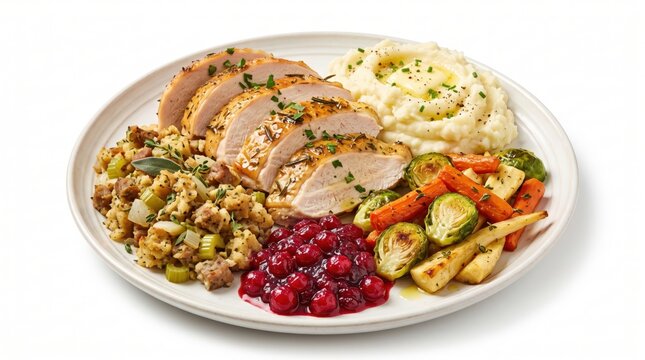 Roasted turkey slices with mashed potatoes stuffing cranberry sauce and roasted vegetables on a round dinner plate