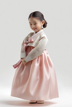 Smiling girl wearing pink Korean hanbok