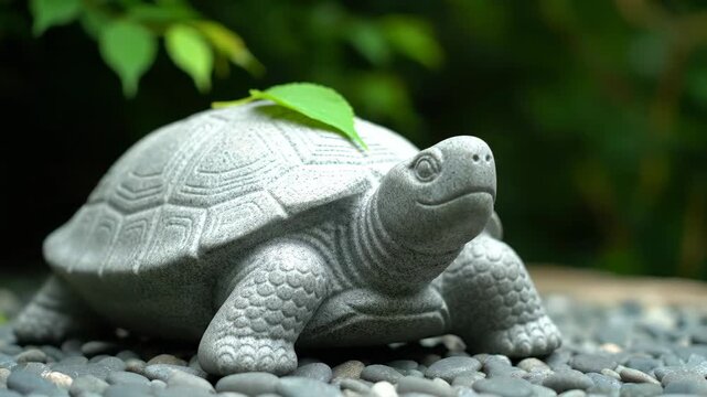 Close-up of a stone turtle ornament, an encounter between a stone turtle and green leaves
