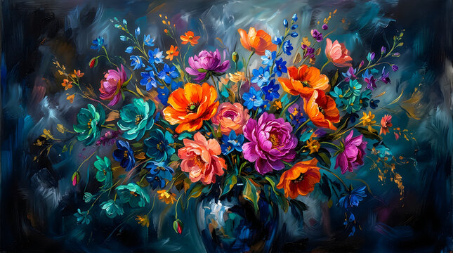 Vibrant oil painting of a colorful floral bouquet featuring orange and purple flowers against a dark moody background